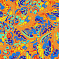 Bright colorful hippie seamless psychedelic pattern with abstract curly and plant elements.
