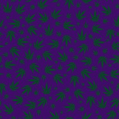 vector, seamless cannabis print on a purple background, print for clothes or print