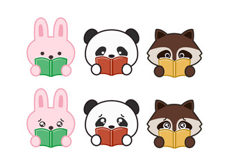 Set of animals impressed by books. Vector illustration isolated on white background.