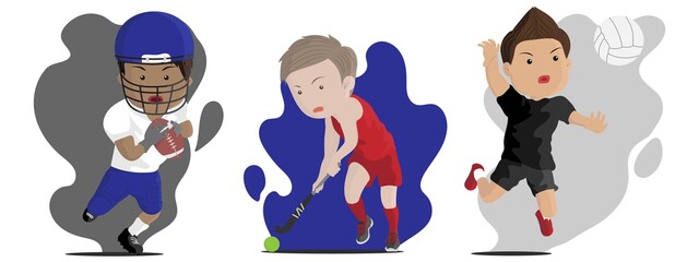 Set of cute sport men avatars, Three men or boys playing various sports, American football, Hockey, Volleyball