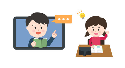 Schoolteacher teaching to kids with tablet pc. Vector illustration isolated on white background.