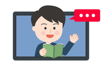 School teacher teaching to kids with tablet pc. Vector illustration isolated on white background.