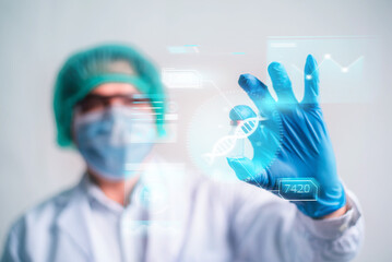 A doctor in blue gloves holding a vaccine bottle with transparent futuristic screen. Innovation Medicine and healthcare concept.