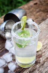 Making a margarita cocktail lime salt and mint leaves