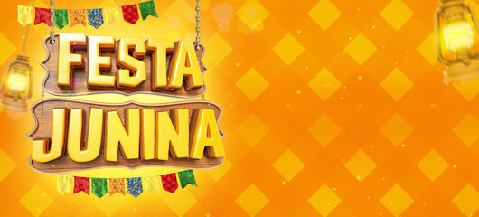 FESTA JUNINA, TEXTO 3D, PLACA EM MADEIRA EM FUNDO AMARELO, BANDEIROLAS, ARTE FESTIVA, SÃO JOÃO, ARRAIÁ © Diego
