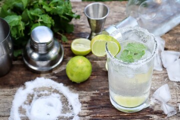 Making a margarita cocktail lime salt and mint leaves