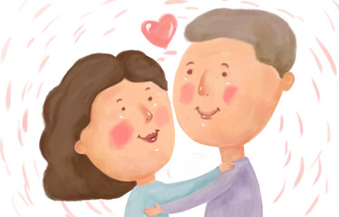 cartoon loving couple hugging each other and a heart above them, a symbol of love. Husband and wife on a light background