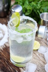 Making a margarita cocktail lime salt and mint leaves