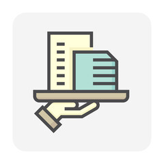 Housing estate or condominium and agent or realtor vector icon. That high building and people specialize in real estate, property, law to development, owned, sale, rent, buy, investment. 64x64 pixel.