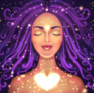 illustration of a beautiful woman on a dark background with a shining heart. Symbol of self-love, spiritual awakening and intuition