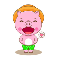 Summer concept of cute pig cartoon character illustration