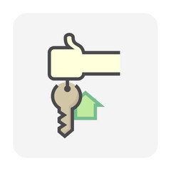 House sale, buy concept vector icon. Consist of hand holding keyring or keychain, home or house sign and ring for real estate or property to lock, unlock, open door of building for security. 64x64 px.