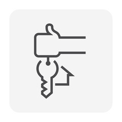House sale, buy concept vector icon. Consist of hand holding keyring or keychain, home or house sign and ring for real estate or property to lock, unlock, open door of building for security. 64x64 px.
