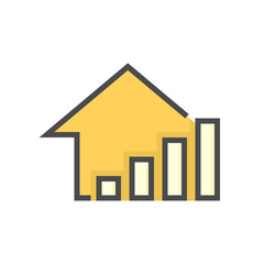 House price or value increase vector icon. Consist of home or house building,  growth graph. Rate of real estate or property for development, owned, sale, rent, buy, purchase or investment. 64x64 px.