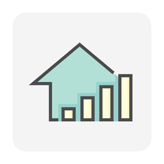 House price or value increase vector icon. Consist of home or house building,  growth graph. Rate of real estate or property for development, owned, sale, rent, buy, purchase or investment. 64x64 px.