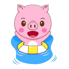 Summer concept of cute pig swimming with rubber ring cartoon character illustration