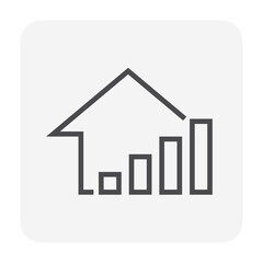 Obraz premium House price or value increase vector icon. Consist of home or house building, growth graph. Rate of real estate or property for development, owned, sale, rent, buy, purchase or investment. 64x64 px.