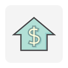 House price or value vector icon design. Consist of home or house building, dollars sign. That rate or price of real estate or property for development, sale, rent or investment. 64x64 pixel.