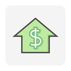 Obraz premium House price or value vector icon design. Consist of home or house building, dollars sign. That rate or price of real estate or property for development, sale, rent or investment. 64x64 pixel.