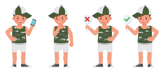 Set of children character vector design. Boy wear green shirt. Presentation in various action with emotions.