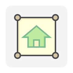 Land plot and house vector icon in top view. Include gps position pin point of location. Real estate or property for housing subdivision, development, owned, sale, rent, buy or investment.  64x64 px.