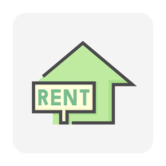 House or residential building for rent vector icon. Real estate or property with home or house building and for rent sign. Also for development, owned, sale, buy, purchase or investment. 64x64 px.