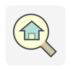 Search house vector icon design. Consist of magnifying glass and people. That resident, agent or realtor to find real estate or property for development, owned, sale, rent, buy or investment. 64x64 px