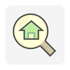 Search house vector icon design. Consist of magnifying glass and people. That resident, agent or realtor to find real estate or property for development, owned, sale, rent, buy or investment. 64x64 px