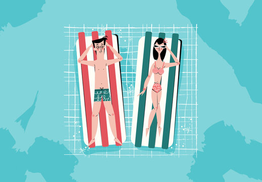 Illustration Spring Break Mid Century Design Couple Sunbathing