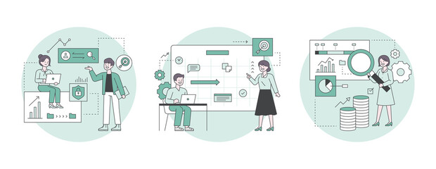 Business marketing illustration. Looking at data and analyzing it, looking at the board, setting goals, and analyzing graphs for assets.  outline simple vector illustration.