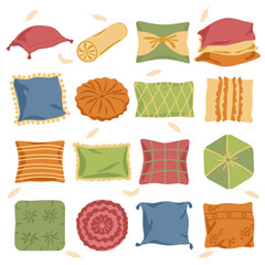 Pillows. Interior design. Decoration. Vector set on an isolated background. Hand-drawn flat illustrations of decorative pillows are suitable for graphic interior design, stickers, printing.