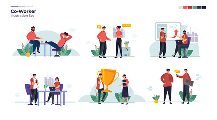 Office environment concept with teamwork and coworker illustration collection set