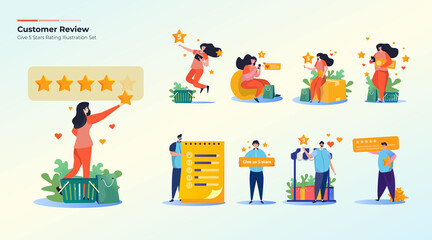 Customer feedback review with give 5 star rating illustration collection set