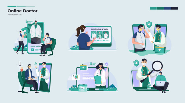 Online doctor consultation mobile apps illustration collection set