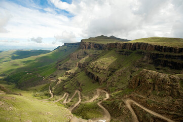 The Sani Pass, which goes from South Africa to Lesotho, through the Drakensburg Mountains.  South Africa - Lesotho - obrazy, fototapety, plakaty