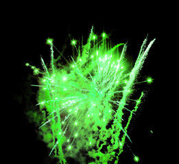 Green fireworks display black night sky background isolated close up, green firecracker burst...