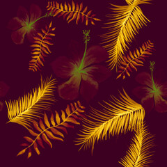 Violet Tropical Leaf. Yellow Seamless Vintage. Lavender Pattern Palm. Beige Flower Design. Vintage Wallpaper Illustration. Black Spring Design. Drawing Palm.