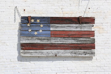 United States flag made out of wood.