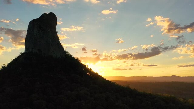 Aerial view of Mt Coonowrin (fg) & Mt Beerwah, Glasshouse Mountains, Sunshine Coast, Queensland, Australia.
