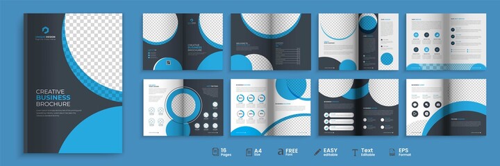 16 pages business proposals brochure, bi-fold brochure template, a4 with .25 inch bleed page corporate blue modern editable brochure template design. 
