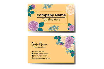 Business Card Template Rose Flower .Double-sided Blue Colors. Flat Design Vector Illustration. Stationery Design