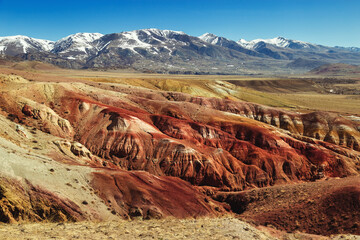 Colorful Mars in Altai Mountains. Martian valley, beautiful landscape in Altai Republic, Russia.