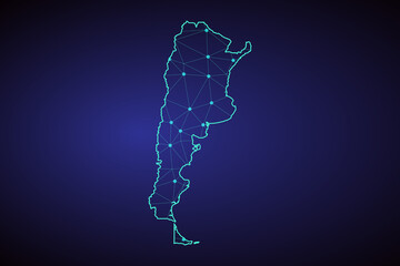 Abstract mash line and point scales on dark background with Map of argentina. Wire frame 3D mesh polygonal network line, design sphere, dot and structure. communications map of argentina. vector. 