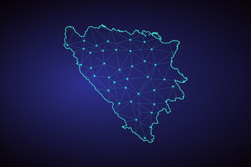 Obraz premium Map of Bosnia and Herzegovina from Polygonal wire frame low poly mesh, contours network line, luminous space stars, design sphere, dot and structure. Vector Illustration EPS10.
