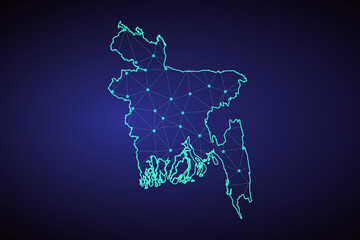 Map of Bangladesh from Polygonal wire frame low poly mesh, contours network line, luminous space stars, design sphere, dot and structure. Vector Illustration EPS10. 