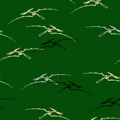 Seamless animal pattern with skeletons of extinct prehistoric flying reptile pteranodon. On green background. © Olena