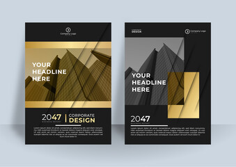 Vector black and gold design templates set. Modern luxury elegant trendy black gold business corporate cover design. Black abstract layer geometric illustration background for card, annual business