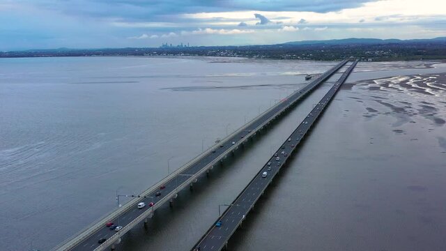 Aerial view of the Houghton Highway Bridge from Sandgate to Redcliff, Queensland, Australia.