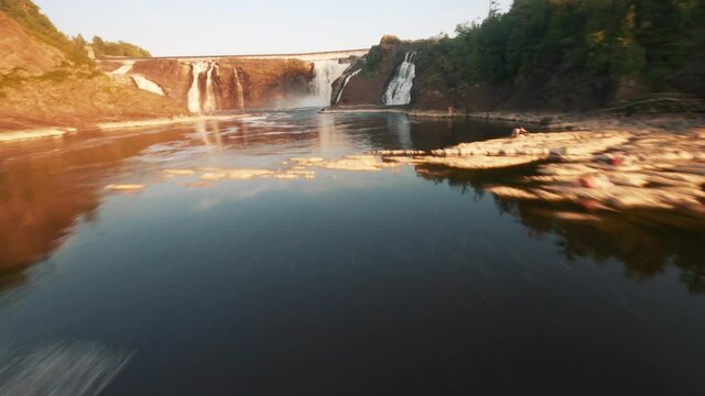 Chaudiere River And Falls With Raging Water Flowing Down. Chaudiere Falls Park In Levis, Quebec, Canada. aerial drone, FPV
