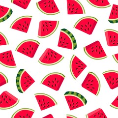 Watermelon slices - vector seamless pattern. Sliced watermelon, wedges, quarters, seeds. Print for fabric, tablecloth, kitchen textiles, clothing, wrapping paper, packaging